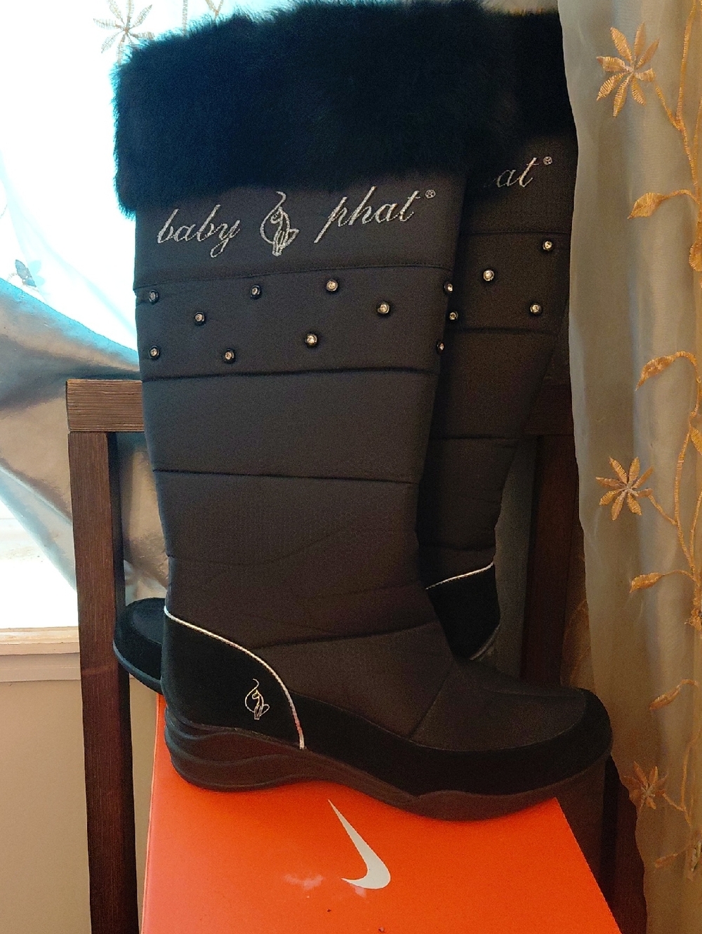Baby Phat Black Knee-High Winter Boots with Faux Fur Cuff